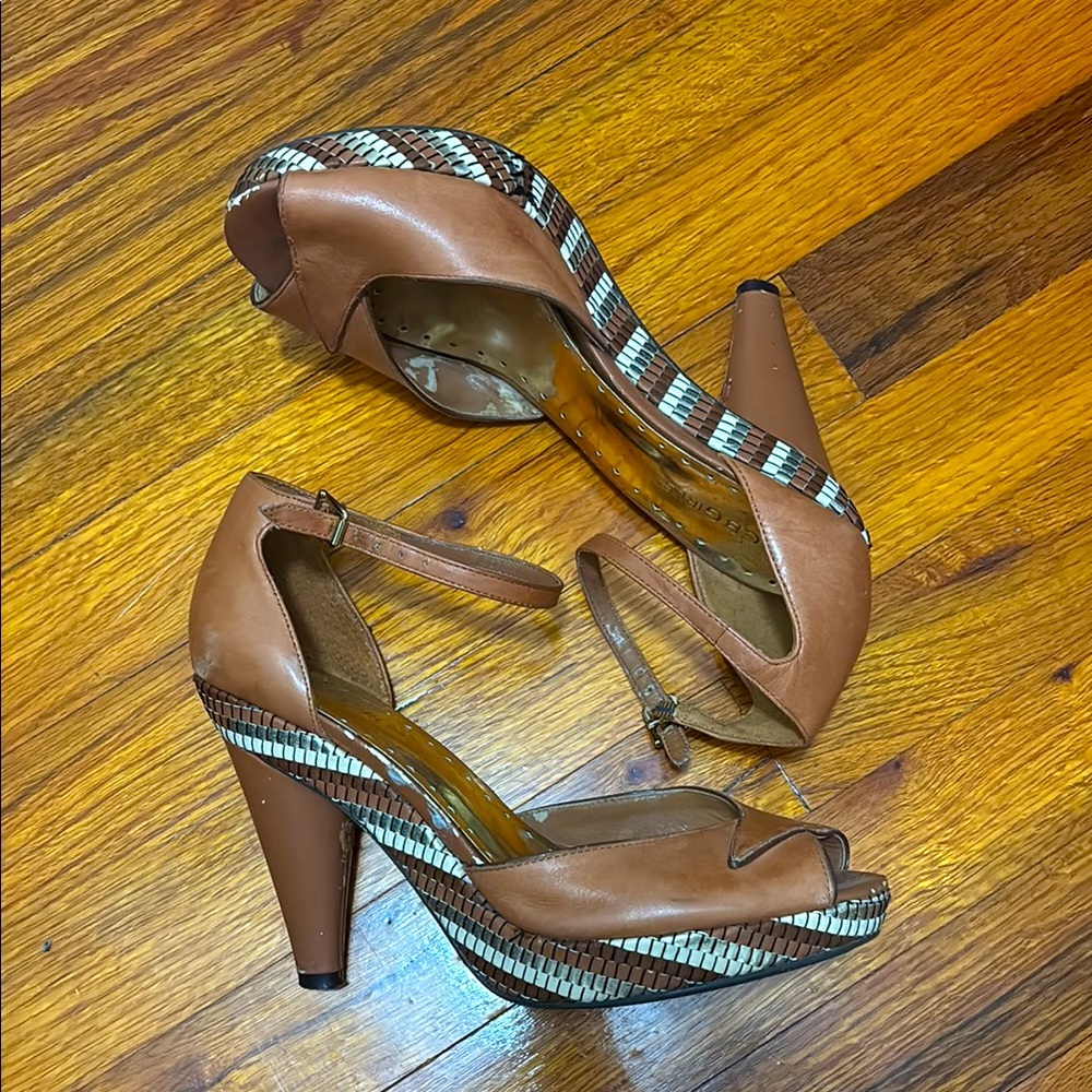 BCBG Brown Leather Peep-Toe Heels
